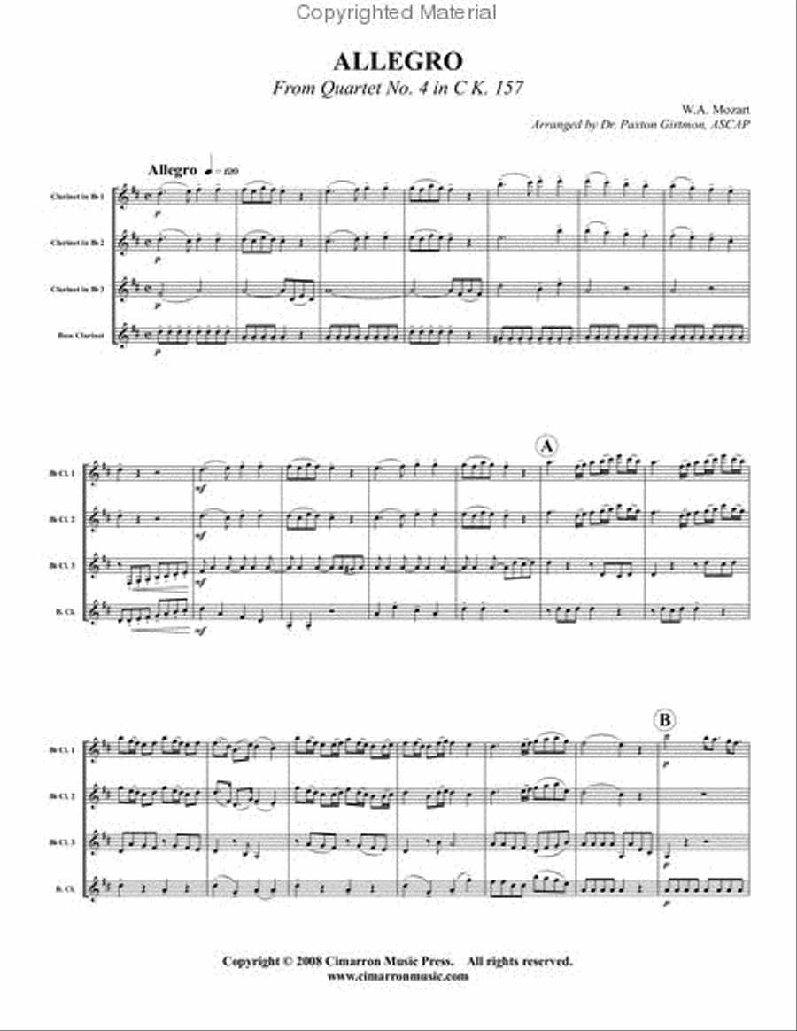 Allegro from Quartet No. 4 in C, K. 157 Clarinet Quartet scores gallery preview page 2