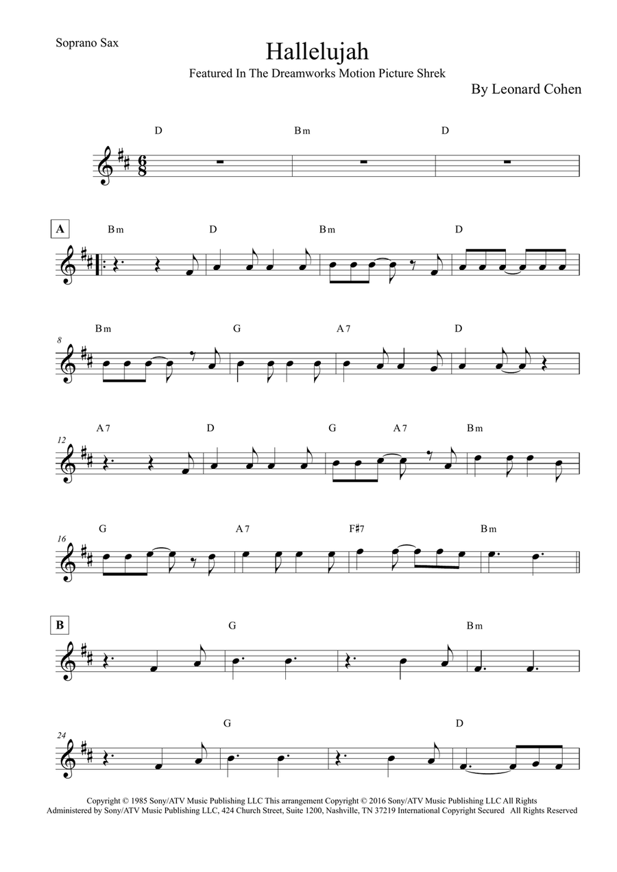 Hallelujah Soprano Saxophone scores gallery preview page 1