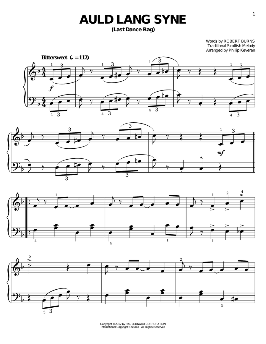 Auld Lang Syne [Ragtime version] (arr. Phillip Keveren) Voice scores gallery preview page 1