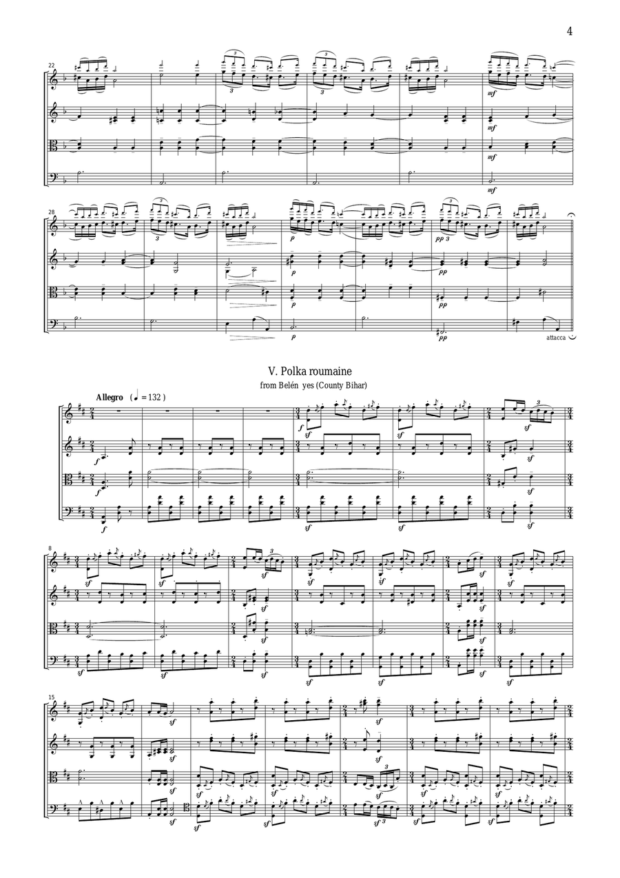 Bartok Rumanian Folk Dances, for string quartet, CB601 String Quartet scores gallery preview page 4