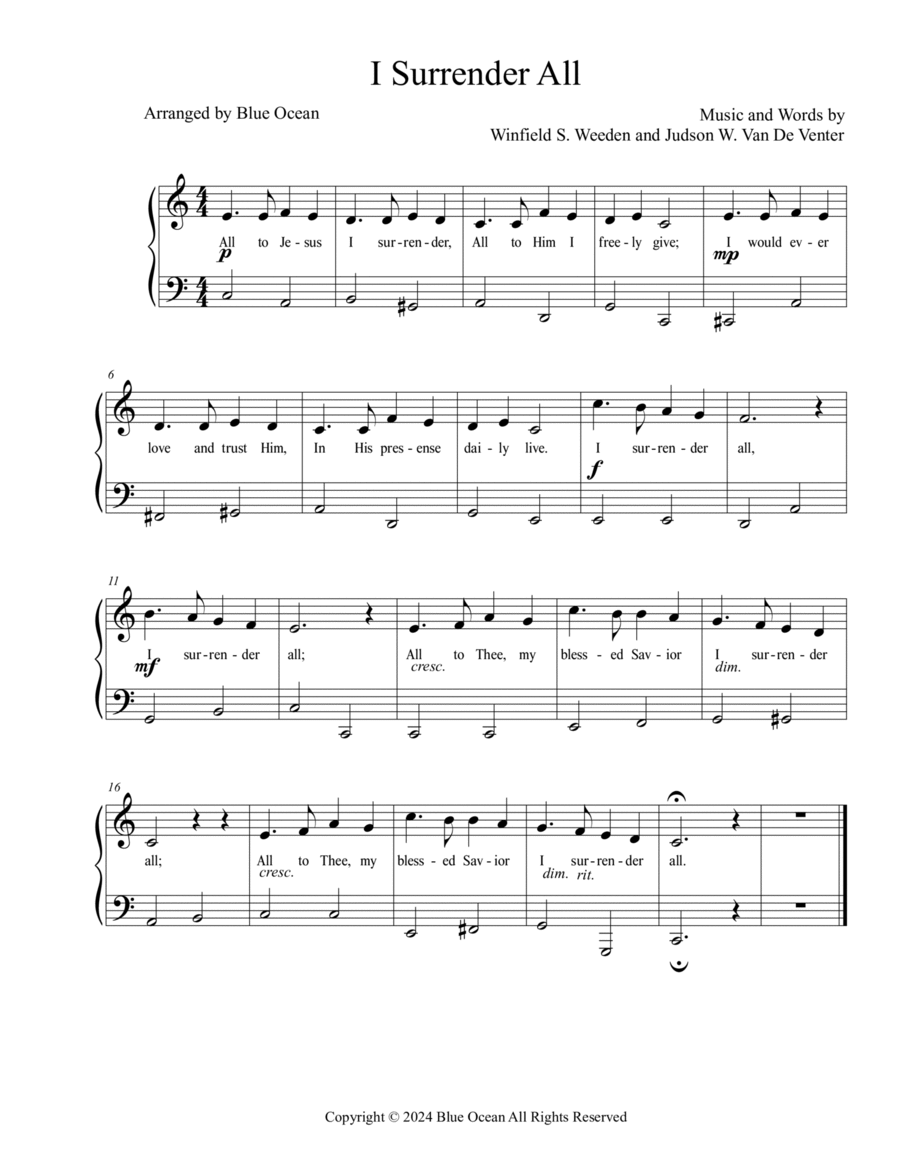 I surrender all (All to Jesus) Easy Piano scores gallery preview page 1