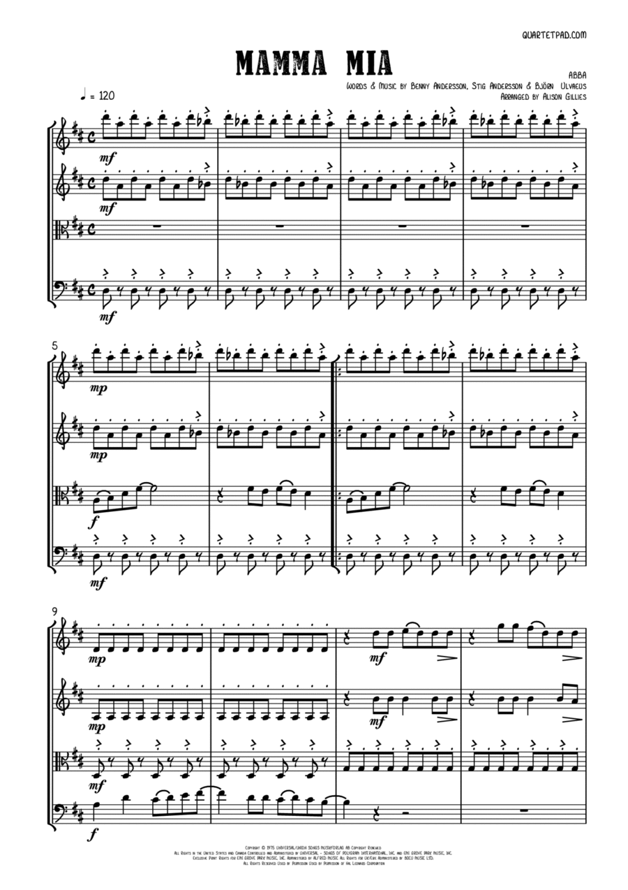 Mamma Mia String Quartet scores gallery preview page 1