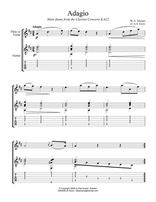 Adagio from the clarinet concerto for flute or violin and easy guitar (TAB)