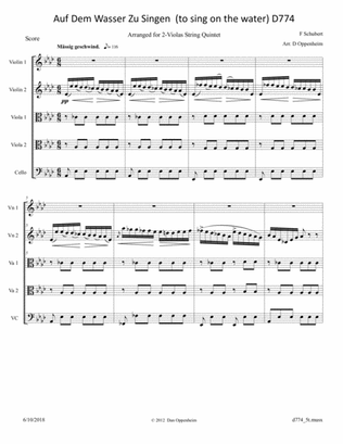 Schubert: Auf Dem Wasser Zu Singen (to sing on the water) D774, Arranged for 2-Violas String Quinte
