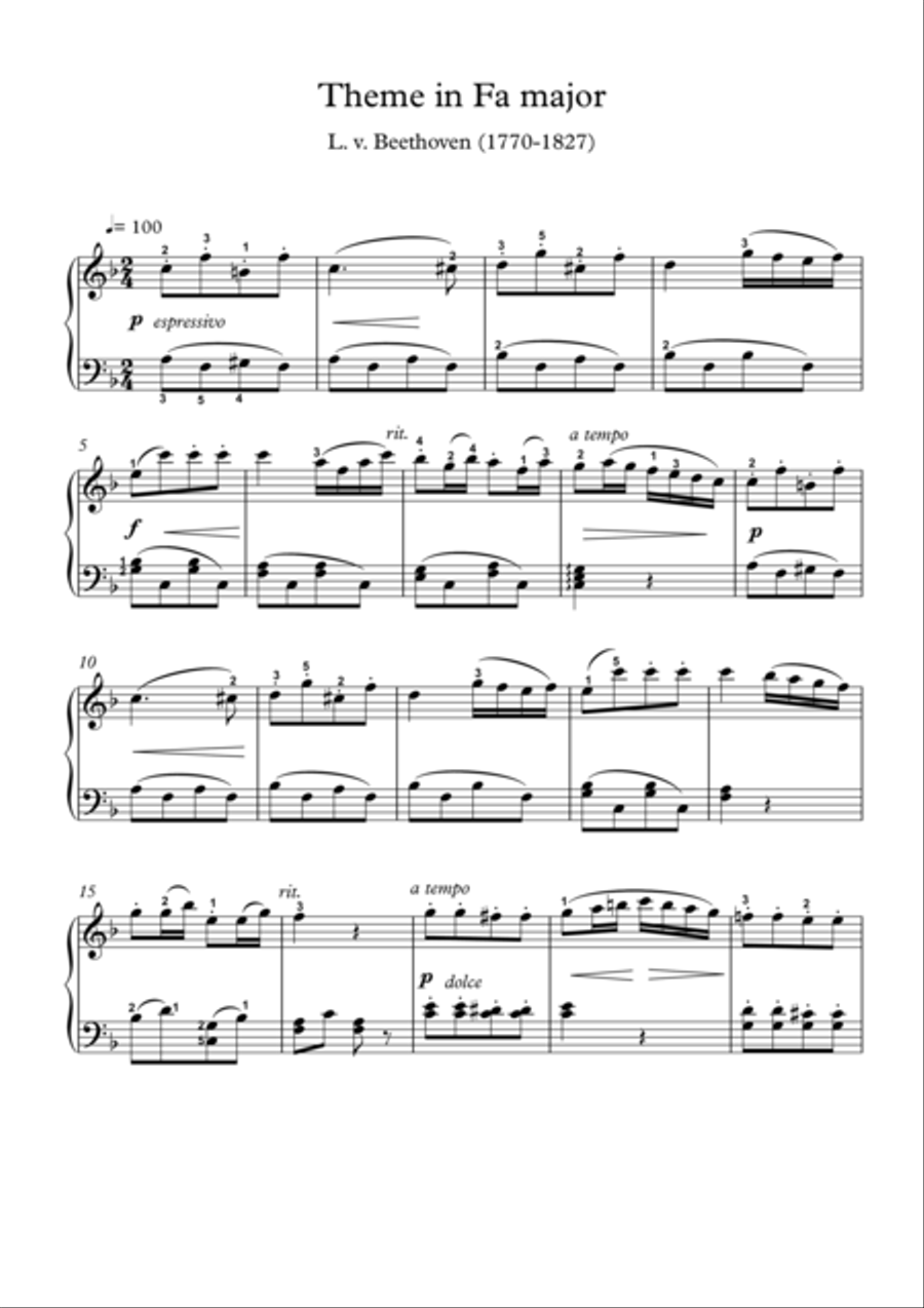 Theme in Fa major Piano Solo scores gallery preview page 1