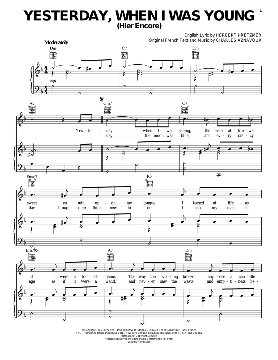 Yesterday When I Was Young (Hier Encore) Piano, Vocal, Guitar scores gallery preview page 1