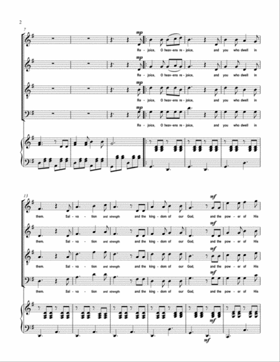 Rejoice, O Heavens, Rejoice (Revelation 12:10-12) 4-Part scores gallery preview page 2