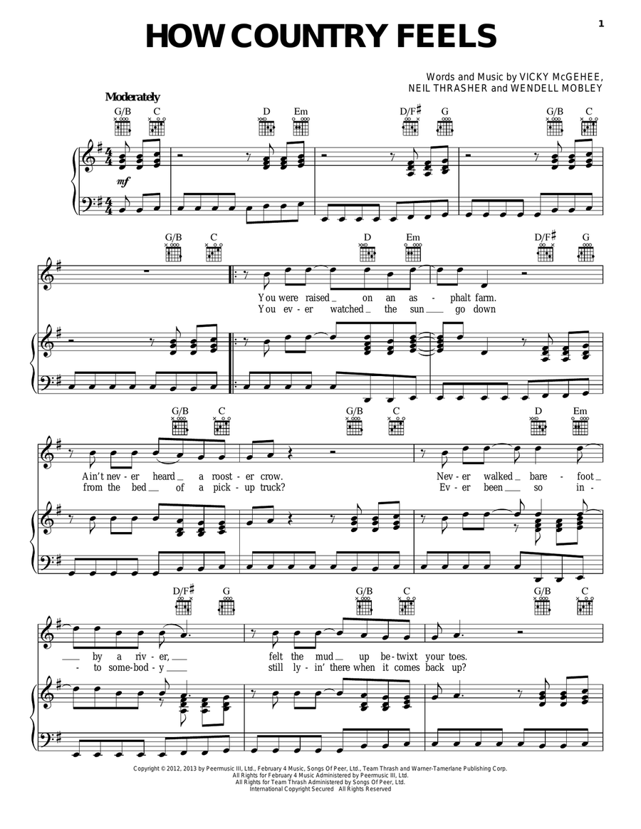 How Country Feels Piano, Vocal, Guitar scores gallery preview page 1