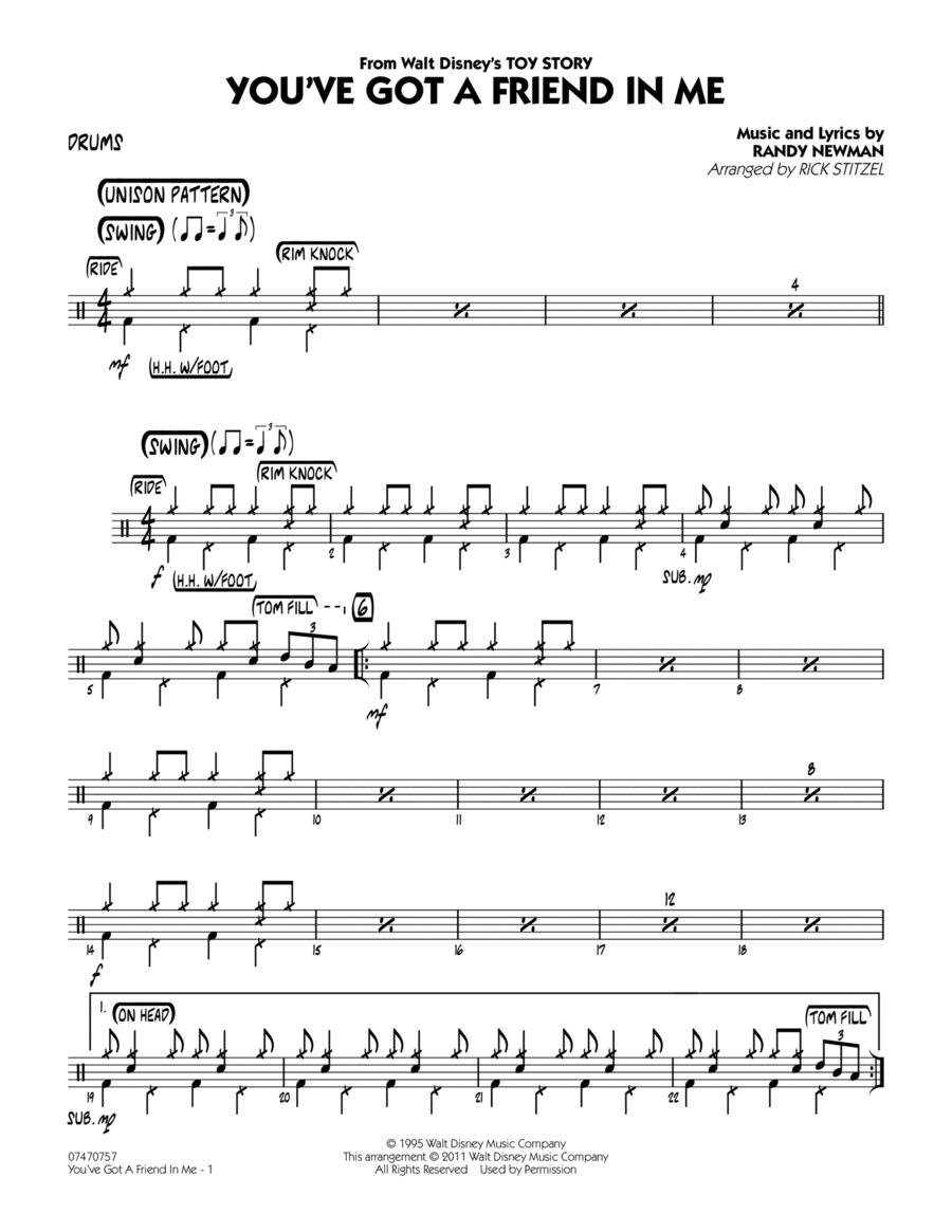 You've Got A Friend In Me (Wheezy's Version) (from Toy Story 2) (arr. Rick Stitzel) - Drums Jazz Ensemble scores gallery preview page 1