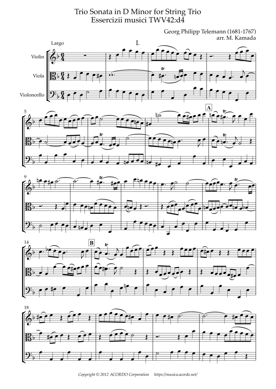 Trio Sonata in D Minor for String Trio Essercizii musici TWV42:d4 String Trio scores gallery preview page 1