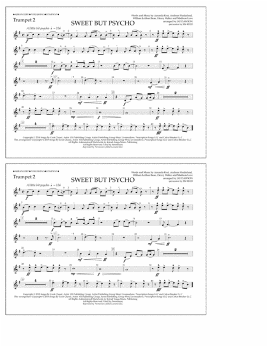 Sweet But Psycho (arr. Jay Dawson) - Trumpet 2 Marching Band scores gallery preview page 1