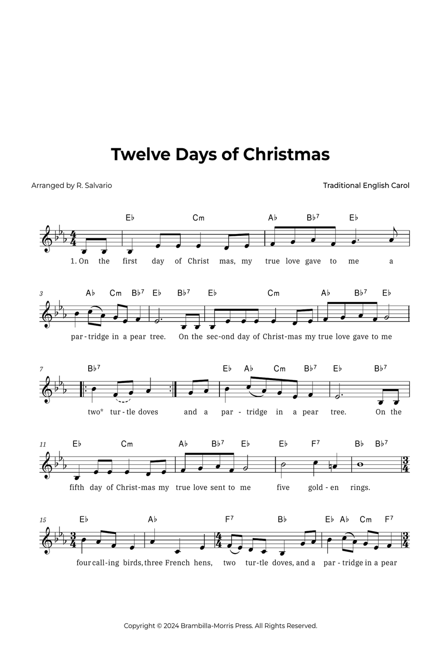 Twelve Days of Christmas (Key of E-Flat Major) Piano scores gallery preview page 1