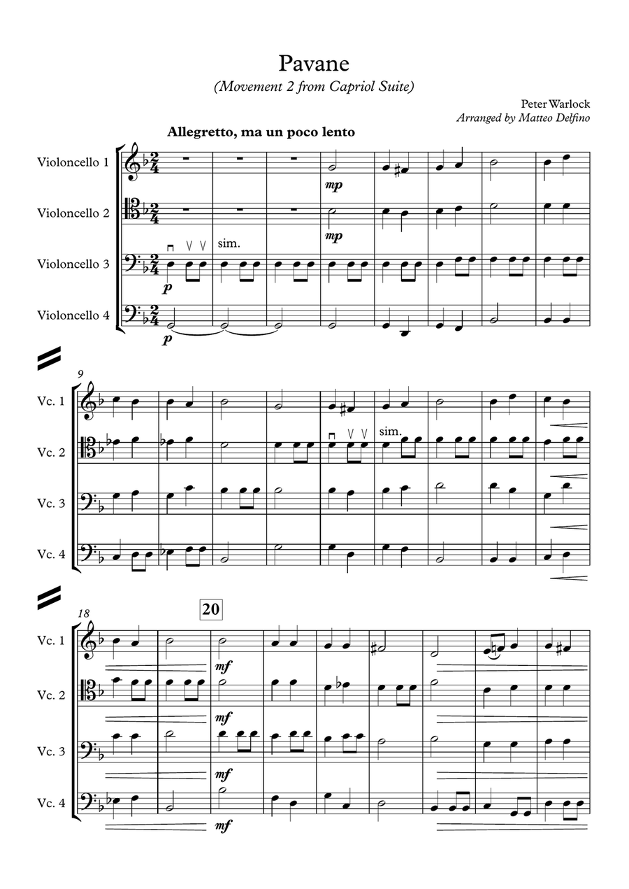 Pavane (Movement 2 from Capriol Suite) [Cello Quartet] Chamber Orchestra scores gallery preview page 1