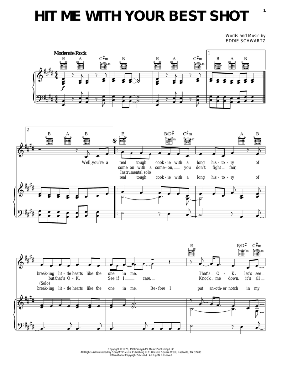 Hit Me With Your Best Shot Piano, Vocal, Guitar scores gallery preview page 1