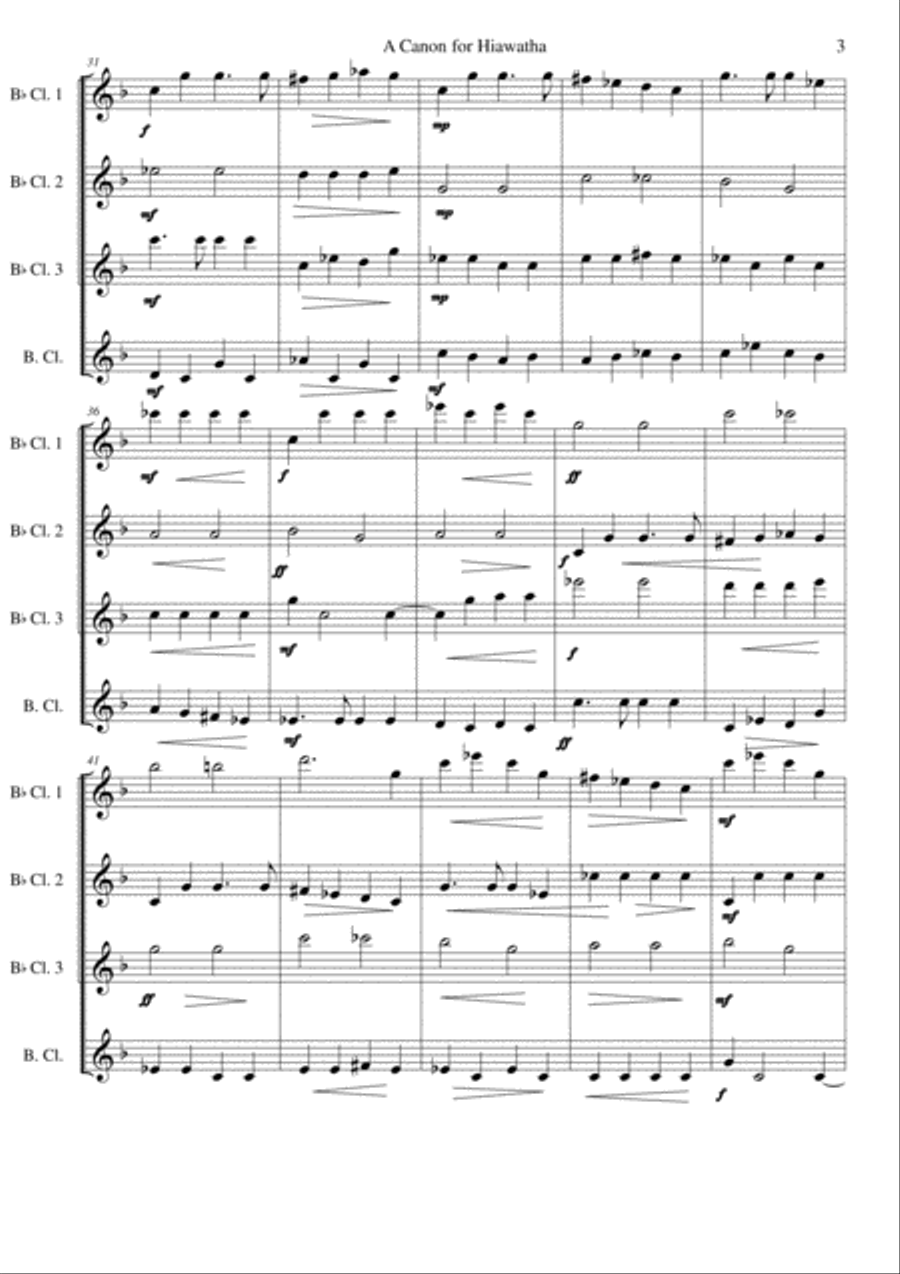 Hiawatha (A Canon for Hiawatha) for clarinet quartet (3 clarinets, 1 bass clarinet) Clarinet Quartet scores gallery preview page 3