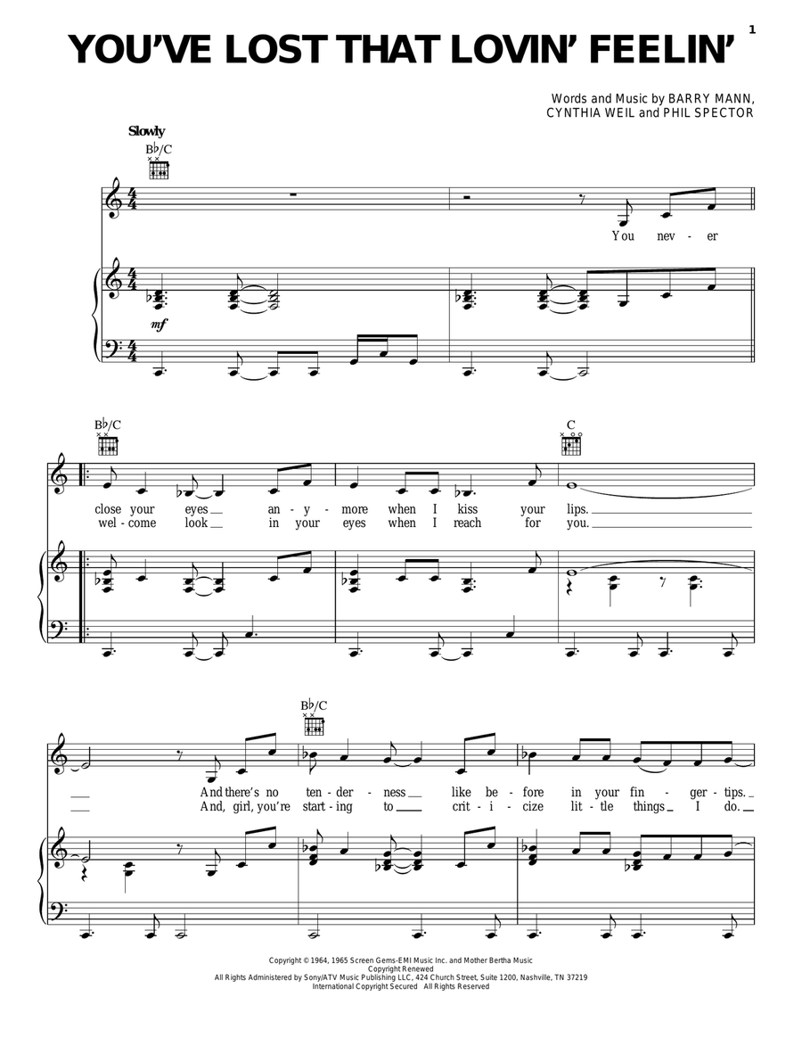 You've Lost That Lovin' Feelin' Piano, Vocal, Guitar scores gallery preview page 1