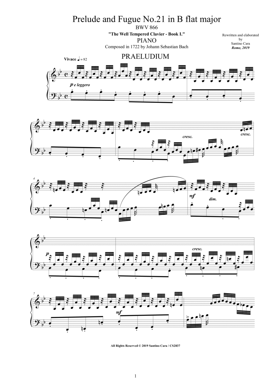 Bach - Prelude and Fugue No.21 in B flat major BWV 866 for Piano Piano Solo scores gallery preview page 1