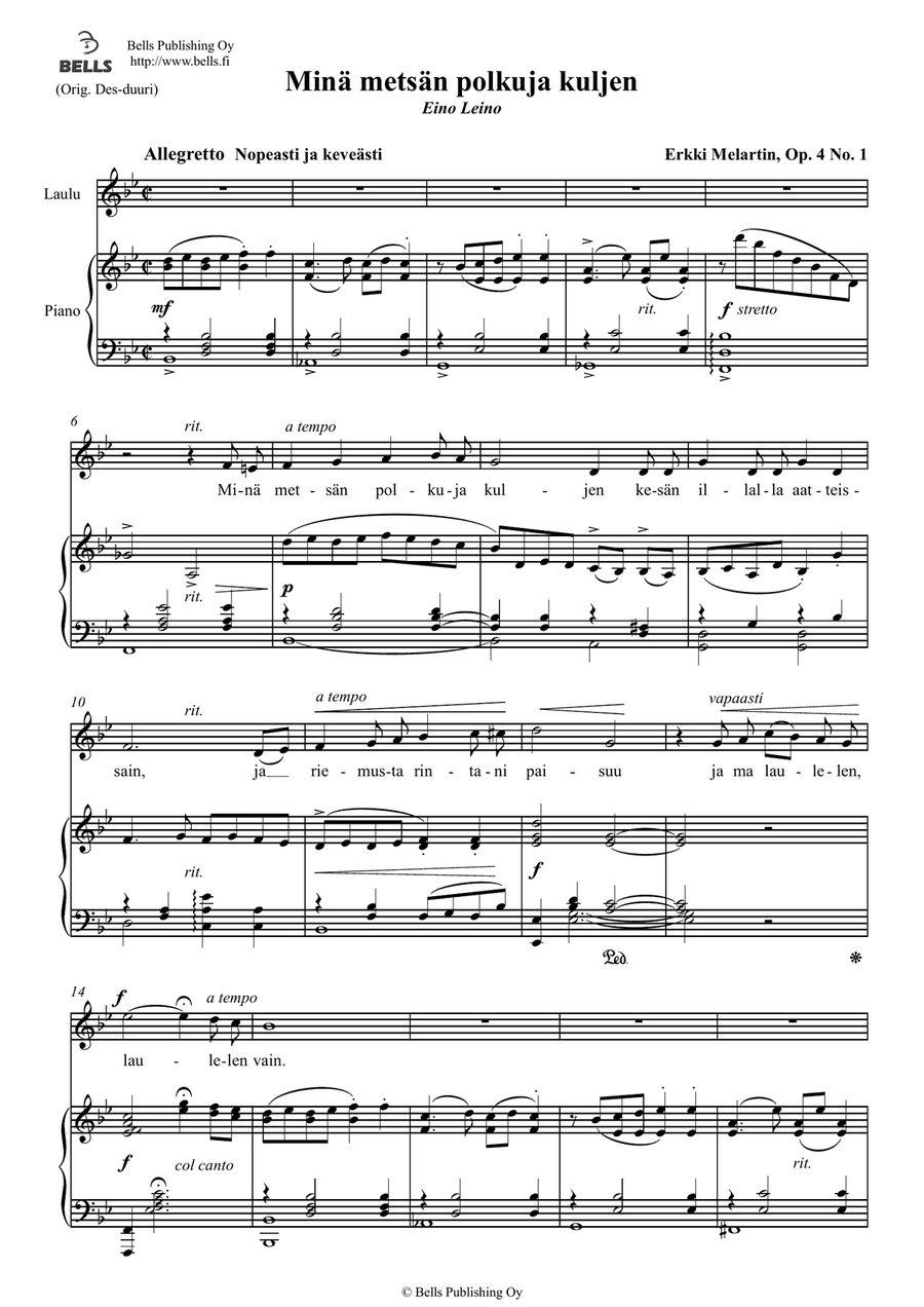 Mina metsan polkuja kuljen, Op. 4 No. 1 (B-flat Major)