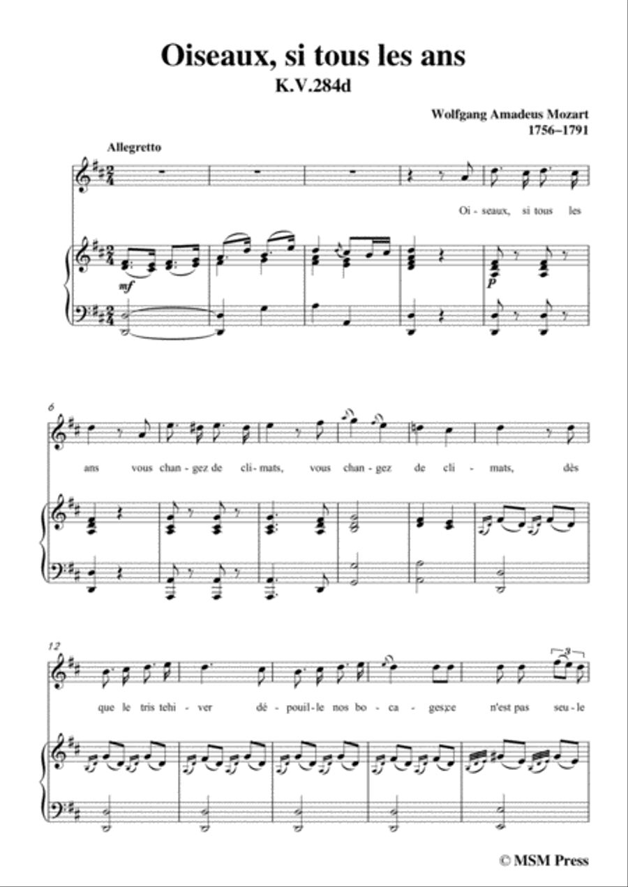 Mozart-Oiseaux,si tous les ans,in D Major,for Voice and Piano Voice Solo scores gallery preview page 3