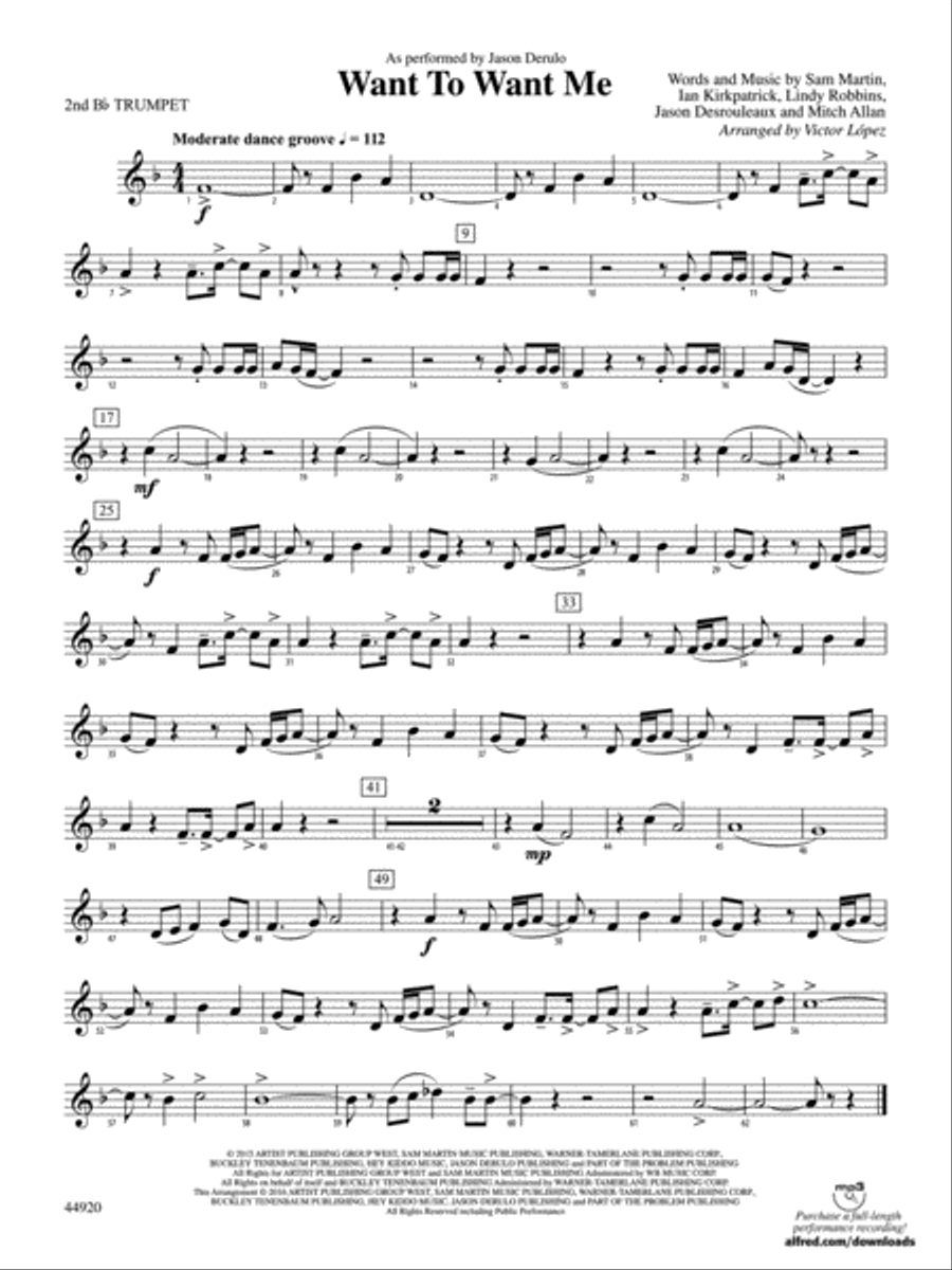 Want to Want Me: 2nd B-flat Trumpet Concert Band scores gallery preview page 1