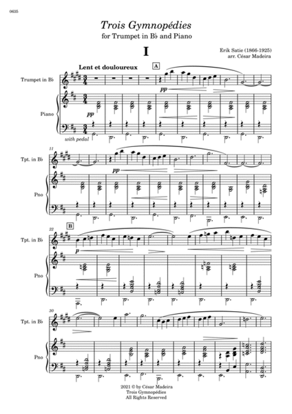 Three Gymnopedies by Satie - Bb Trumpet and Piano (Full Score and Parts) image number null