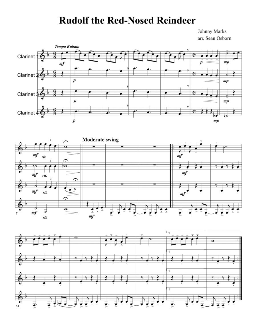 Rudolph The Red-nosed Reindeer by John Denver Woodwind Quartet - Digital Sheet Music