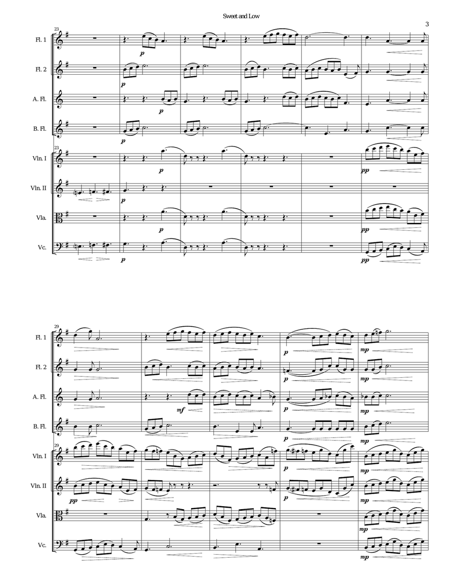 Sweet and Low (Stanford's setting) arranged for flute quartet and string quartet Flute Quartet scores gallery preview page 3