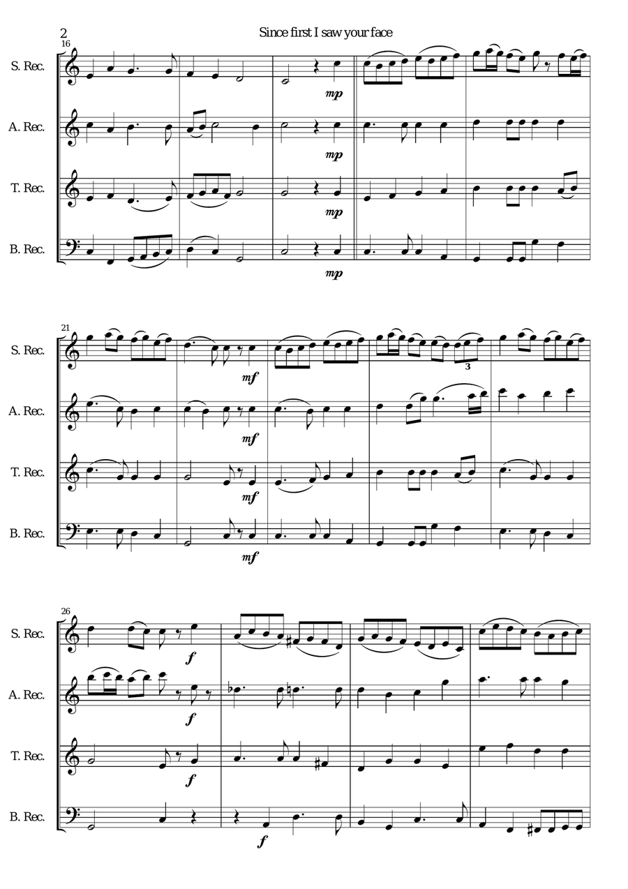 Since first I saw your face (with variations) for recorder quartet Soprano Recorder scores gallery preview page 2