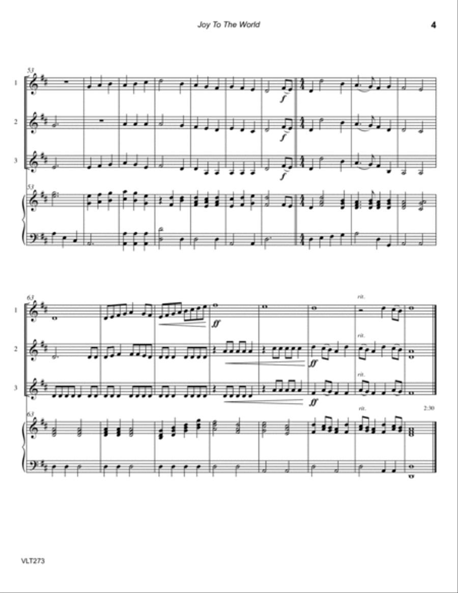 JOY TO THE WORLD - VIOLIN TRIO with optional Piano. Cello parts also included! Small Ensemble scores gallery preview page 4