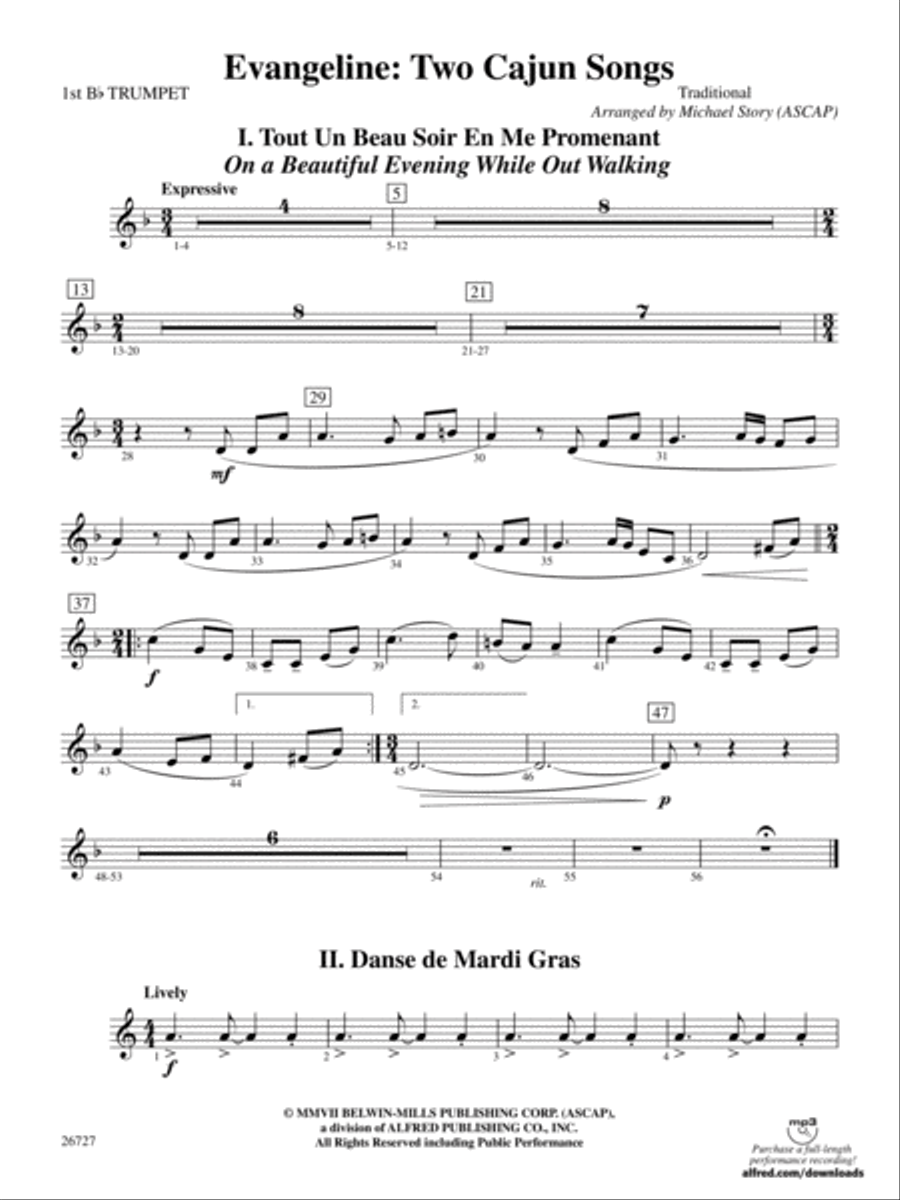 Evangeline: Two Cajun Songs: 1st B-flat Trumpet Concert Band scores gallery preview page 1