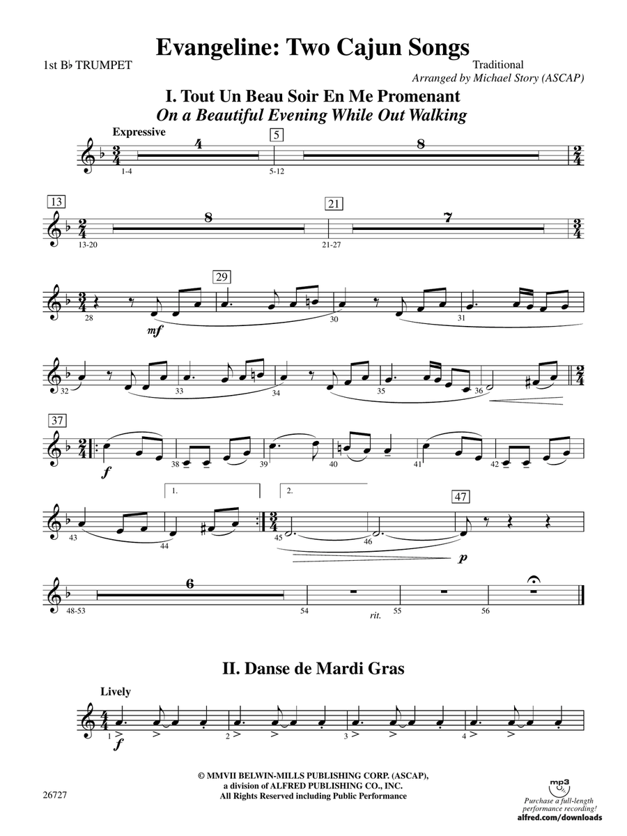 Evangeline: Two Cajun Songs: 1st B-flat Trumpet