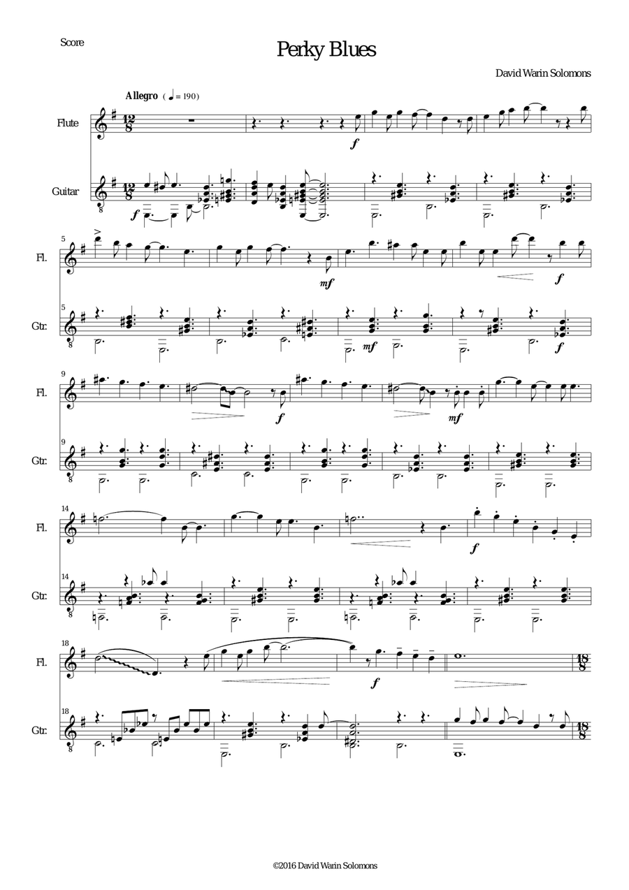 Perky Blues for flute and guitar Flute scores gallery preview page 1