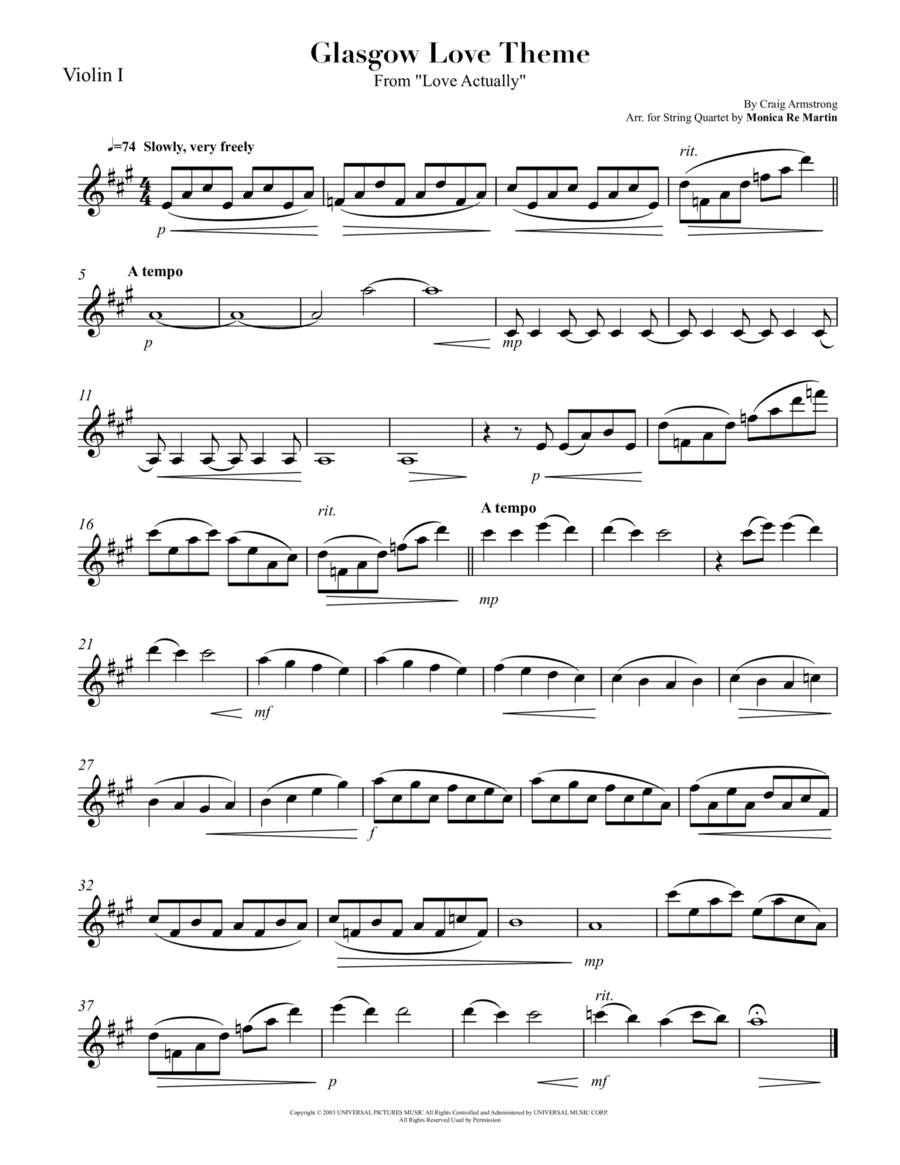 Glasgow Love Theme String Quartet scores gallery preview page 1