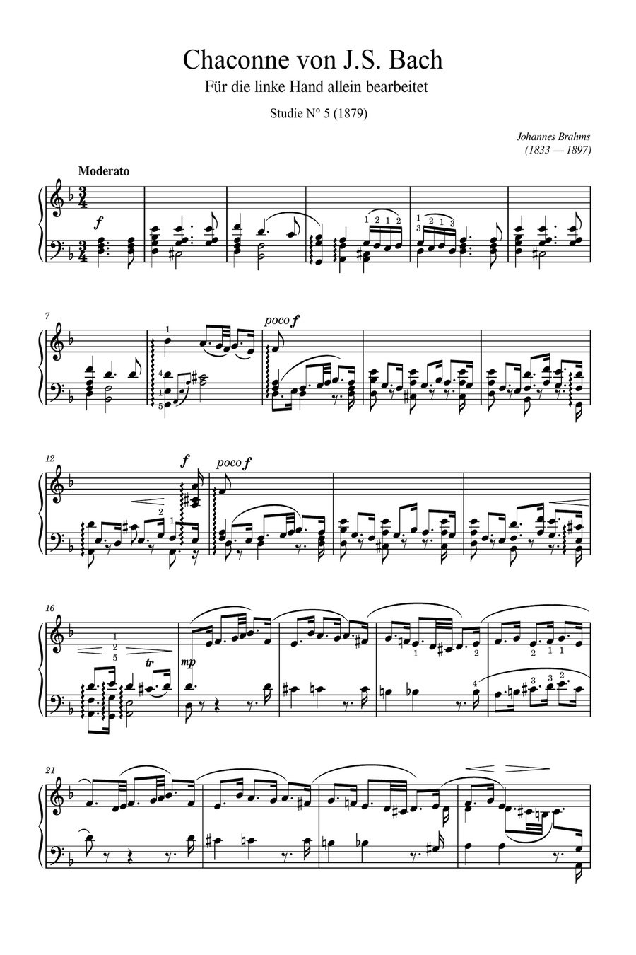 Brahms - Chaconne von J. S. Bach (No.5) - Anh.1a/1 - Original With Fingering For Piano Solo Piano Solo scores gallery preview page 1