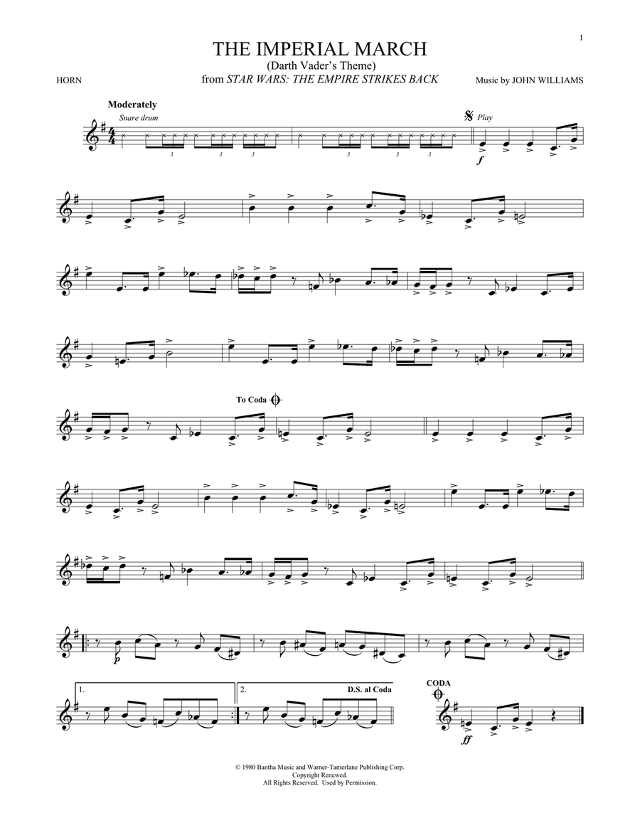 The Imperial March (Darth Vader's Theme) (from Star Wars: The Empire Strikes Back) Horn Solo scores gallery preview page 1