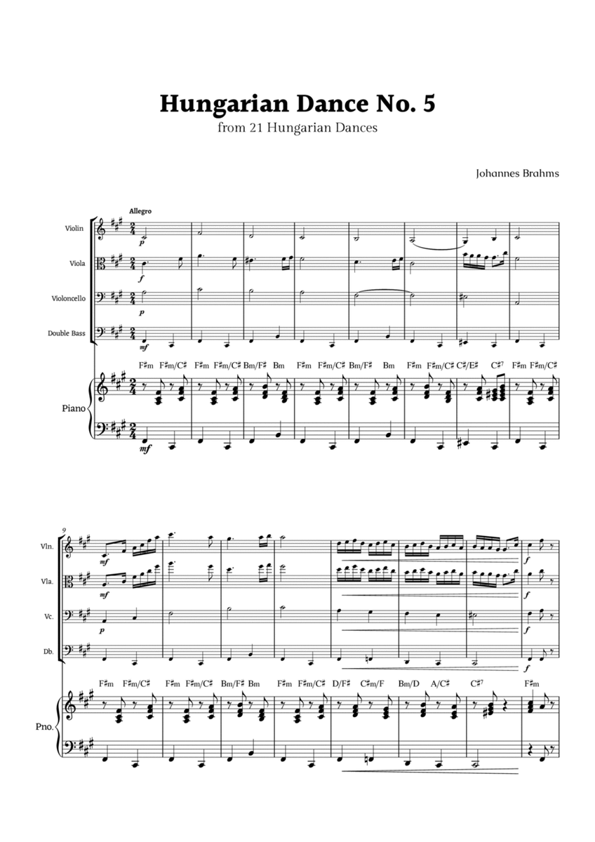 Hungarian Dance No. 5 by Brahms for String Ensemble Quartet and Piano image number null