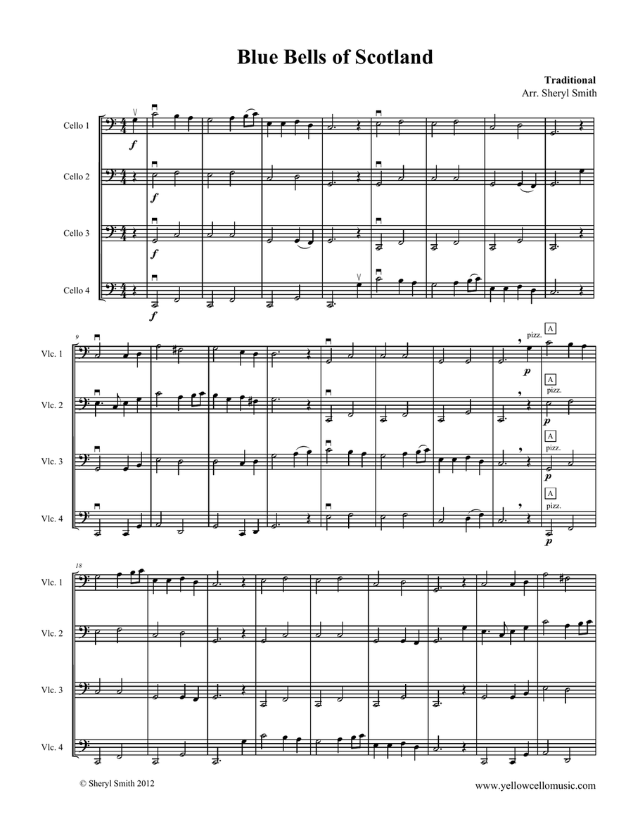 Blue Bells of Scotland for beginner cello quartet (four cellos) String Orchestra scores gallery preview page 1
