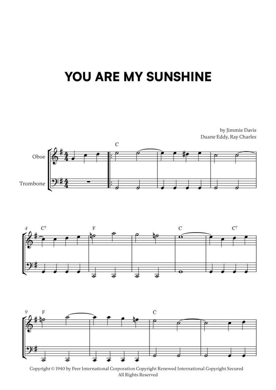 You Are My Sunshine Trombone Duet scores gallery preview page 1