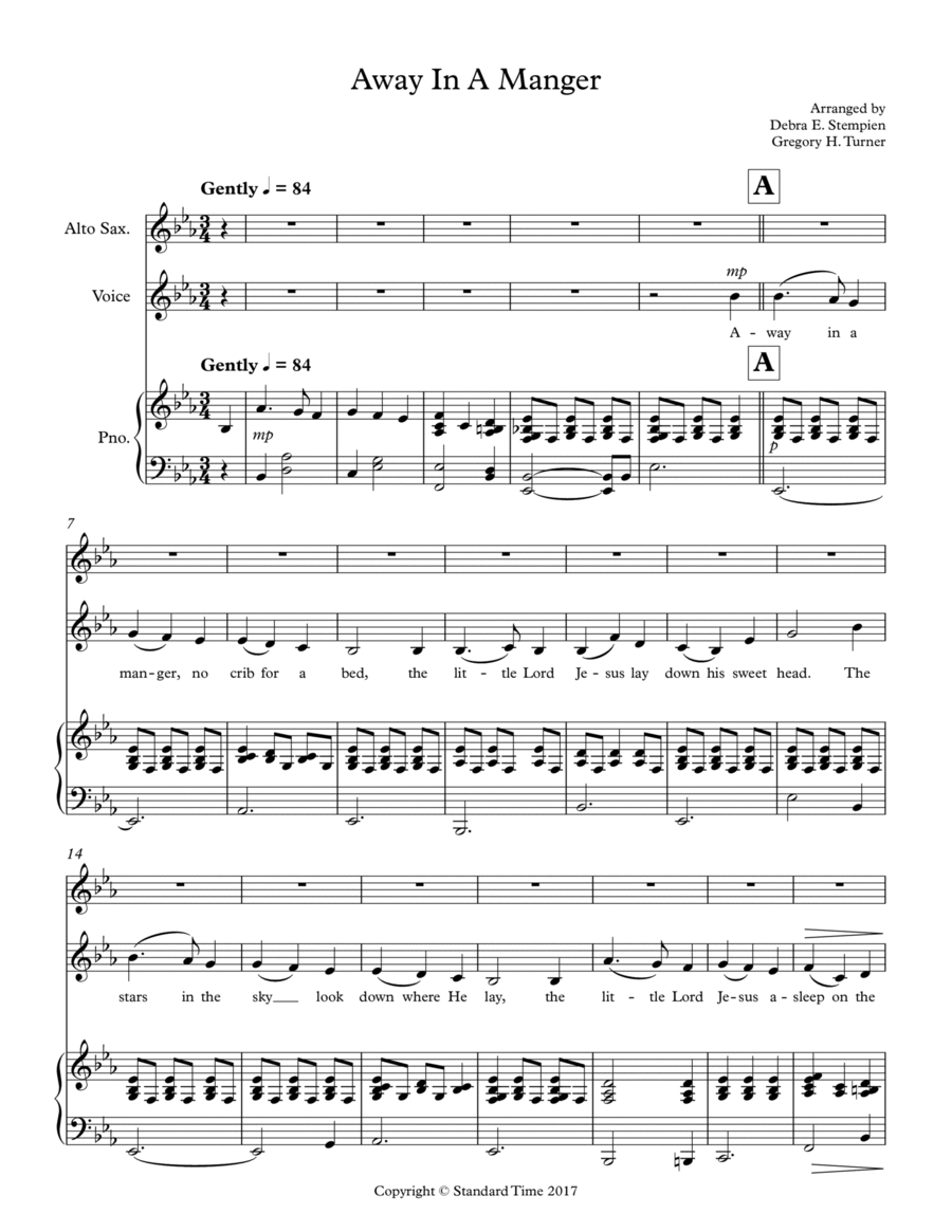 Away In A Manger for Voice & Alto Sax Duet with Piano Accompaniment Alto Saxophone scores gallery preview page 1