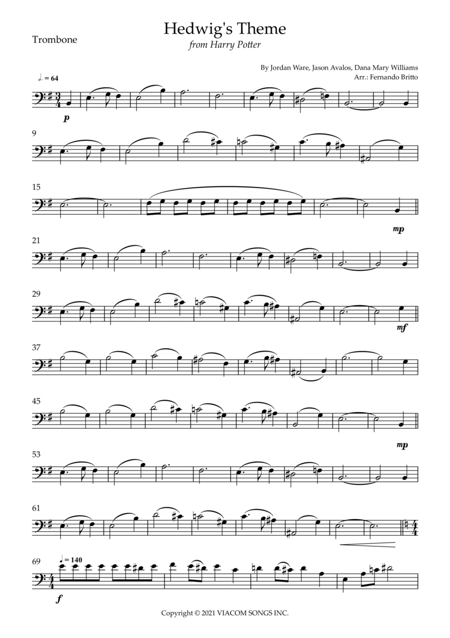 Hedwig s Theme from Harry Potter for Trombone Solo Sheet Music