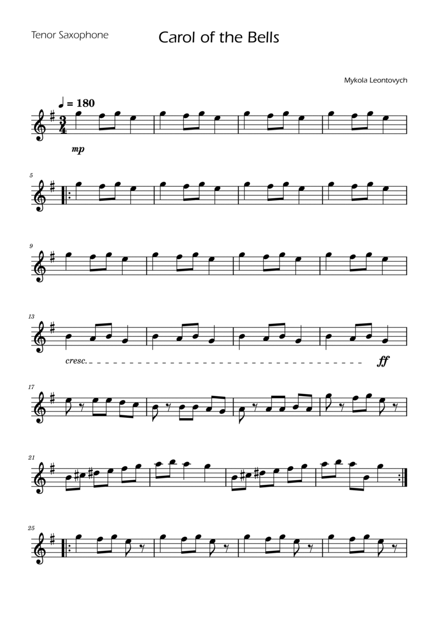 Carol of the Bells - Tenor Sax Solo Tenor Saxophone scores gallery preview page 1