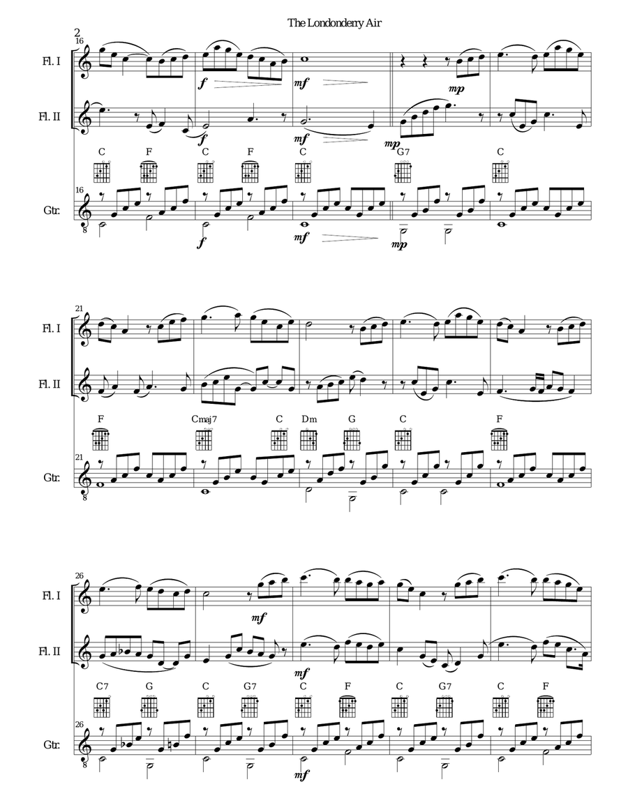 The Londonderry Air (Oh Danny Boy) for 2 flutes and guitar Flute scores gallery preview page 2