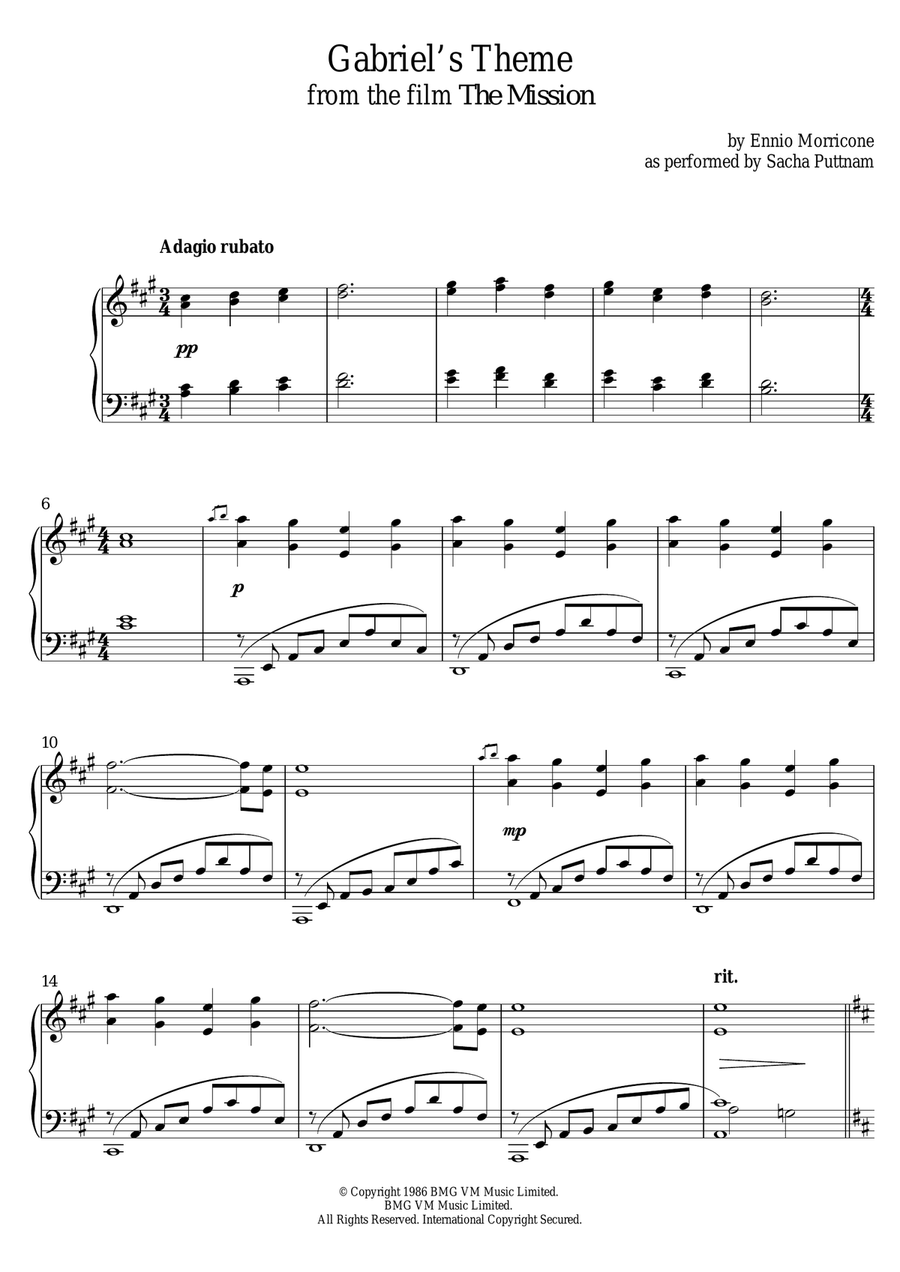 Gabriel's Oboe (from The Mission) (as performed by Sacha Puttnam) Piano Solo scores gallery preview page 1