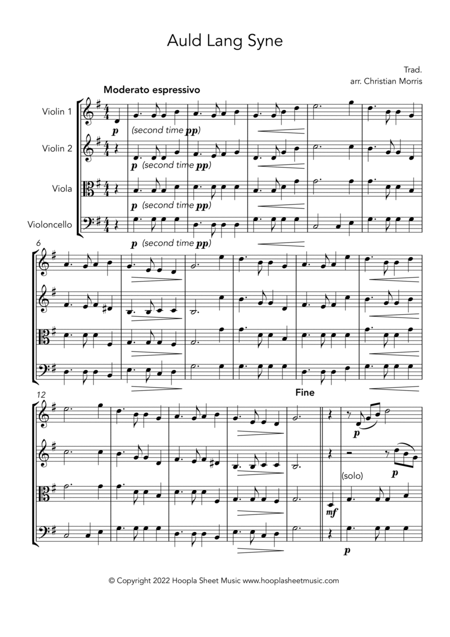 Auld Lang Syne String Quartet scores gallery preview page 1