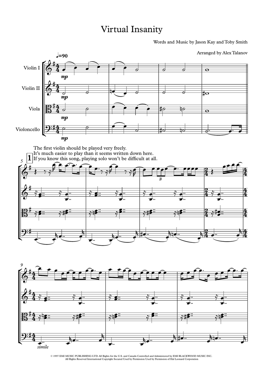 Virtual Insanity String Quartet scores gallery preview page 2