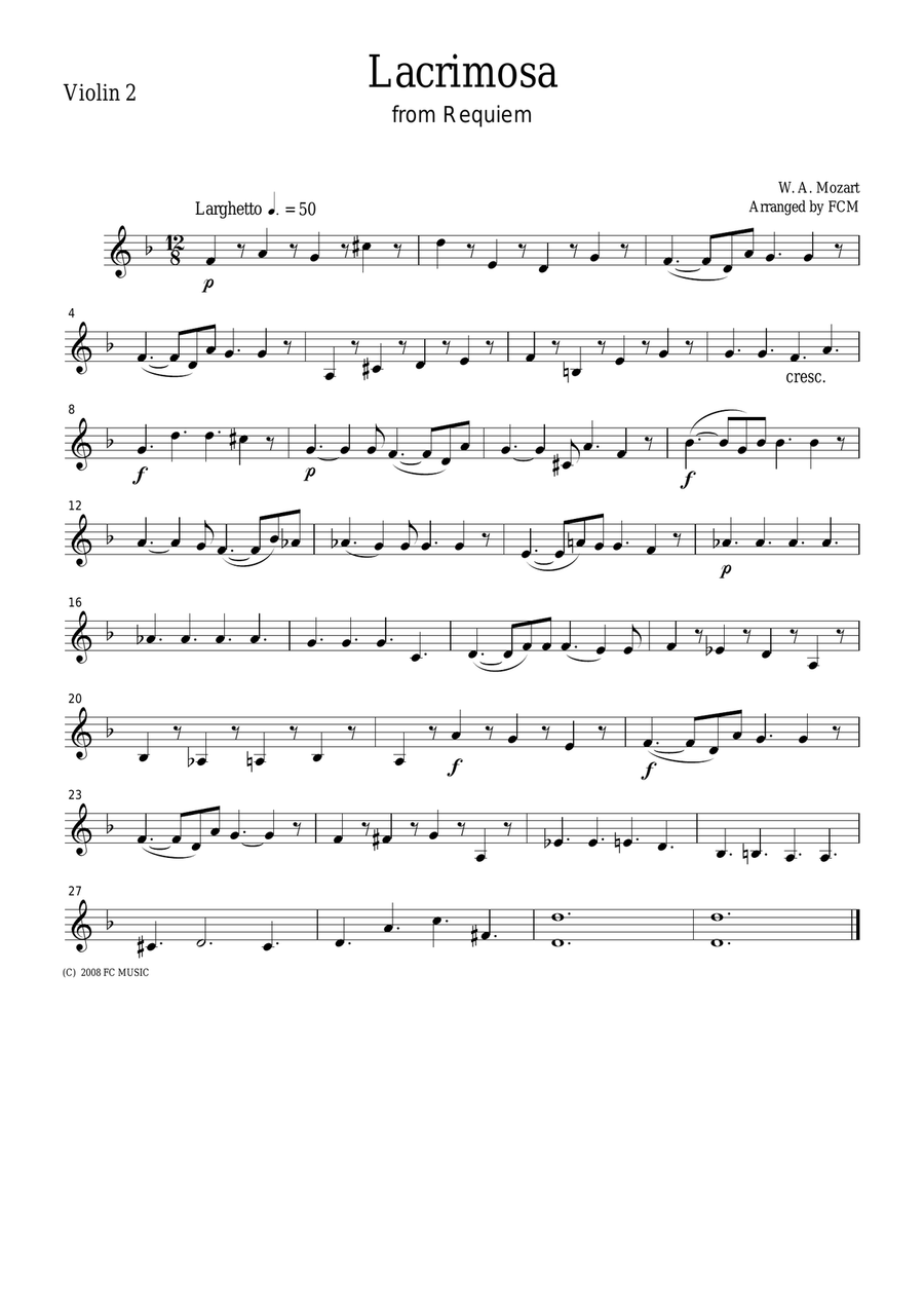 Mozart Lacrimosa from Requiem, for string quartet, CM015 String Quartet scores gallery preview page 2