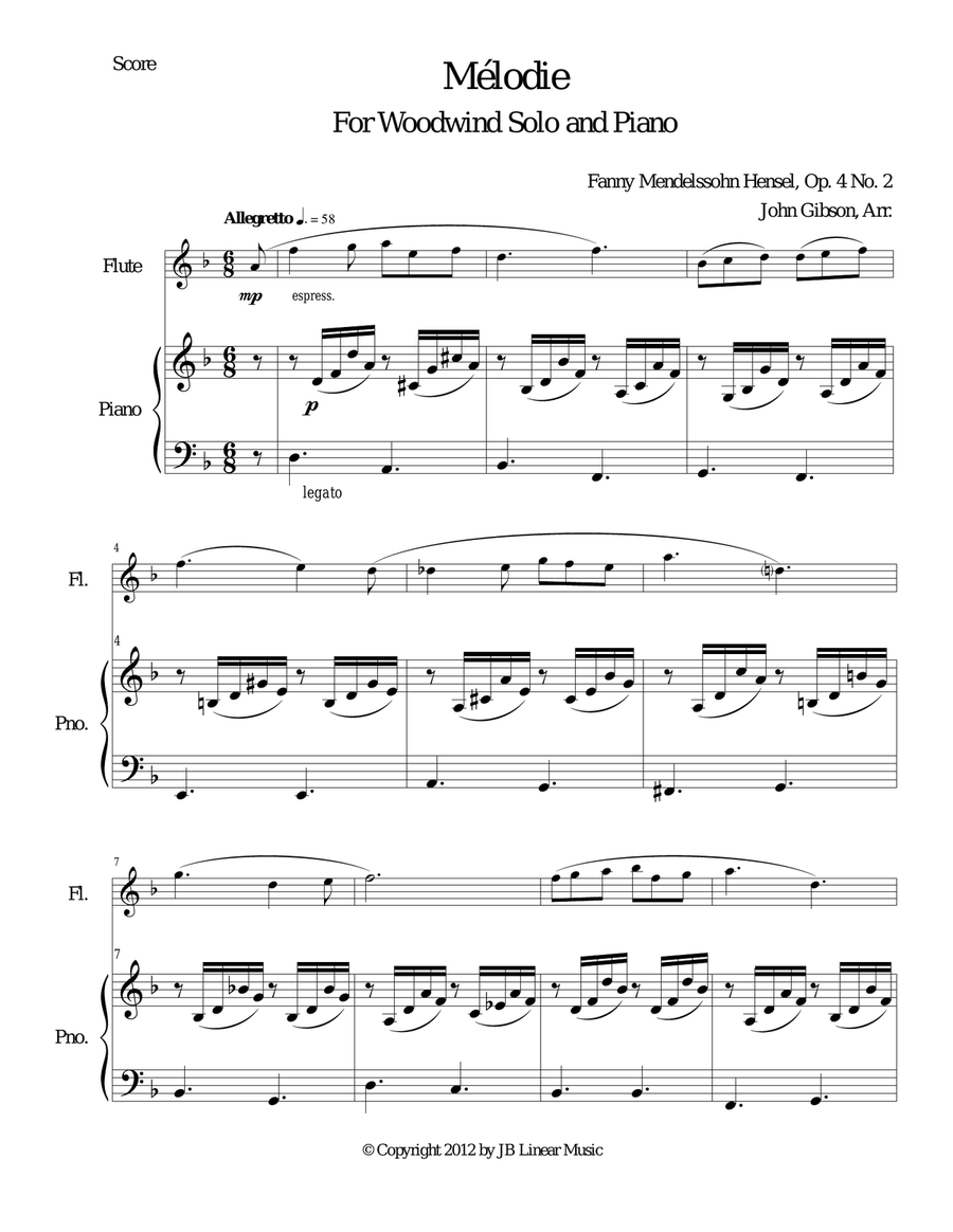 Melodie for flute, oboe, clarinet, or bassoon and piano Woodwind Quartet scores gallery preview page 1