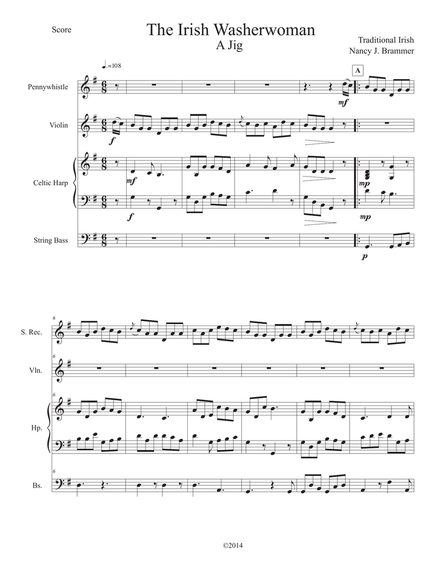 The Irish Washerwoman for Penny Whistle, Violin, Celtic harp and Bass Small Ensemble scores gallery preview page 1