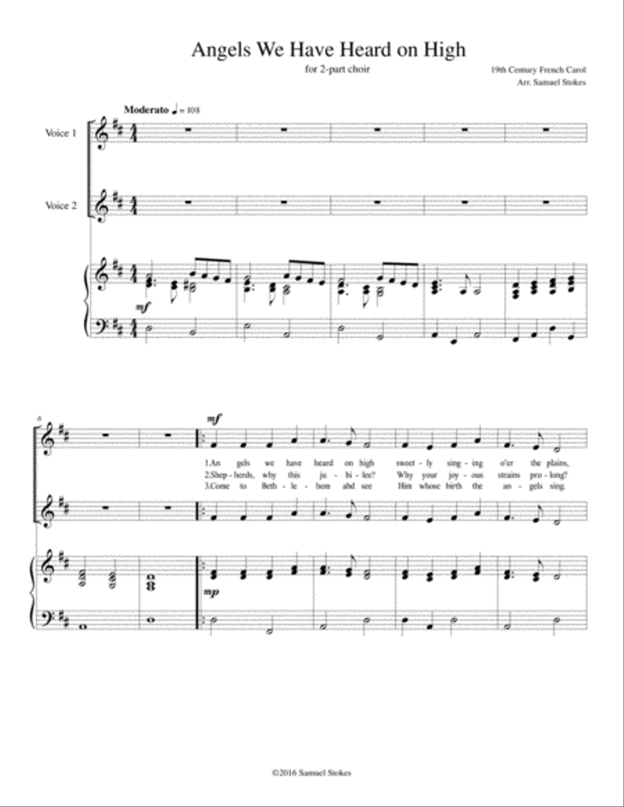 Angels We Have Heard on High - for 2-part choir with piano accompaniment SA scores gallery preview page 1