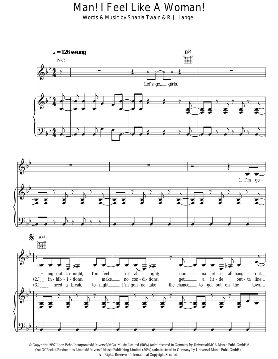 Man! I Feel Like A Woman! Piano, Vocal, Guitar scores gallery preview page 1